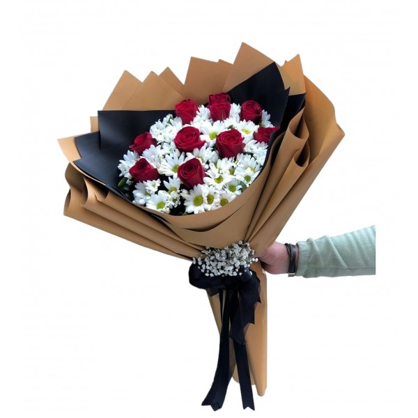 Papatya Dolusu Kırmızı Gül Buketi